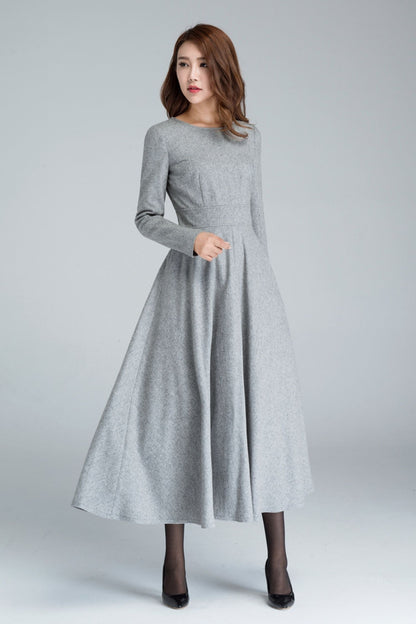 Handmade Gray Wool Swing Dress – Long Sleeve Fit and Flare Winter Dress | Xiaolizi 1616
