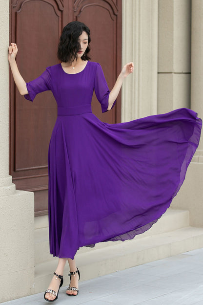 Purple Chiffon Maxi Dress - A-Line Silhouette with Flared Sleeves 5116