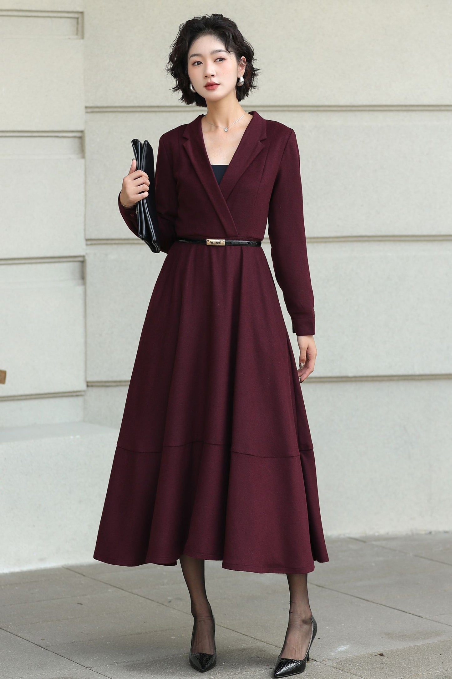 Burgundy Wool Wrap Midi Dress — Elegant Tie‑Waist A‑Line for Office 6512