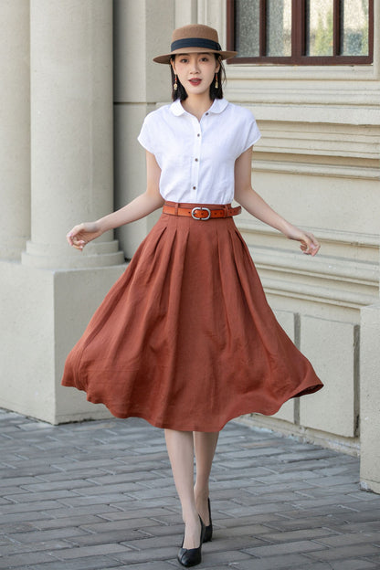 Rust Linen A-Line Midi Skirt - Pleated, Flowy Silhouette 4904