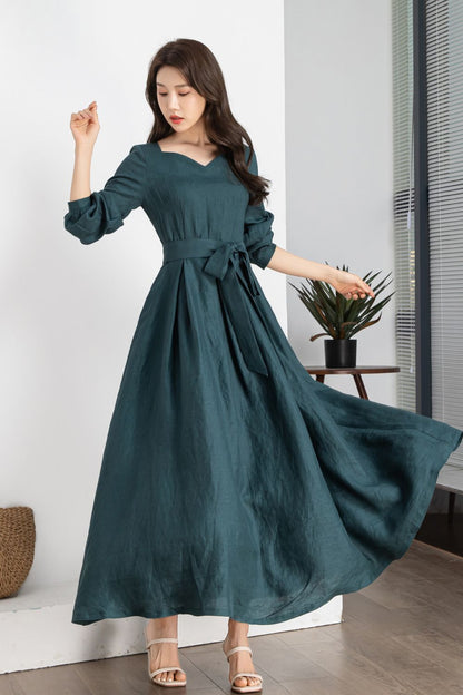 Teal Linen Maxi Dress - A-Line Silhouette with Waist Tie 5639