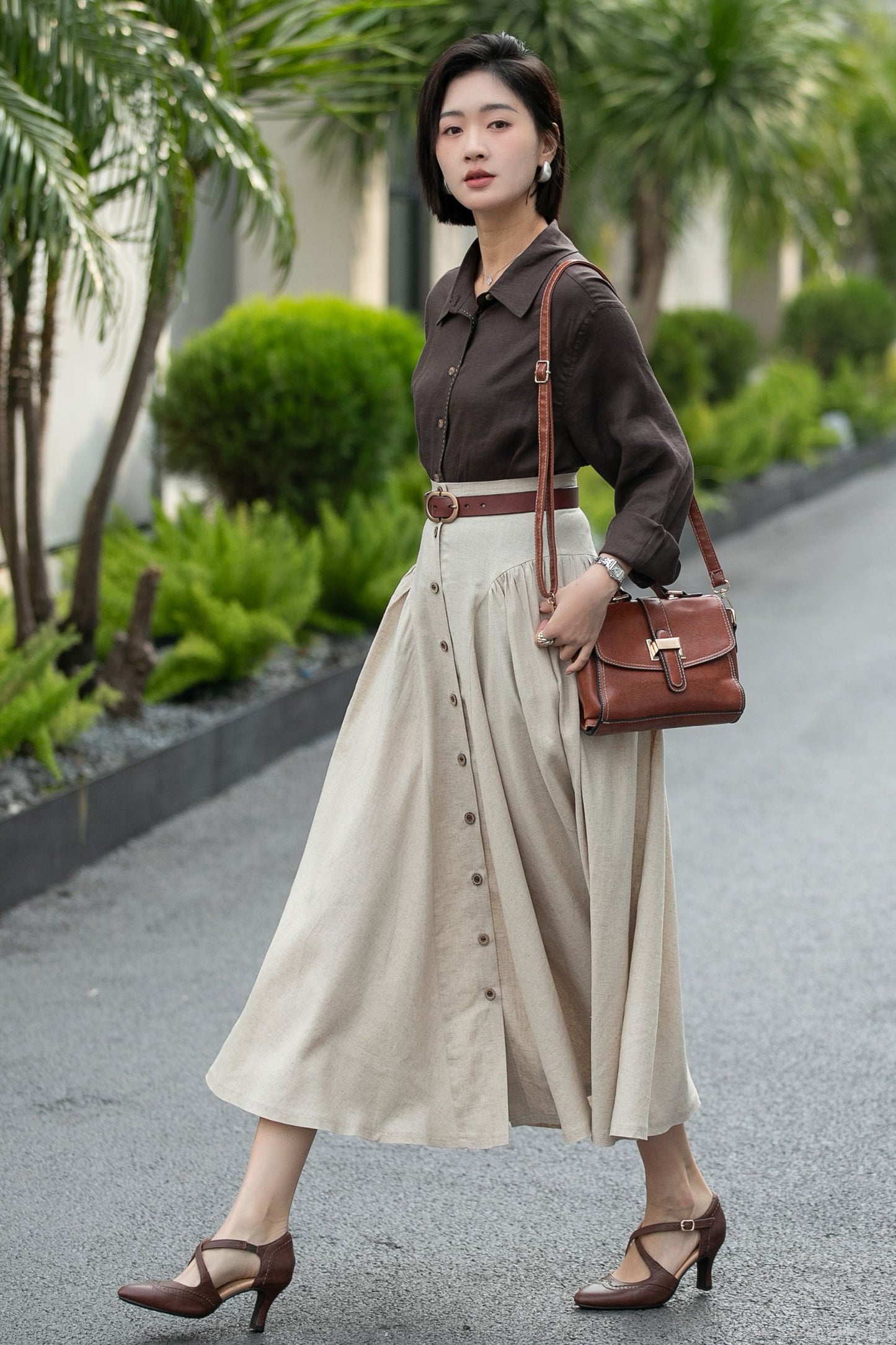Beige Linen Midi Skirt – High Waist A-Line Button Front Skirt 6666