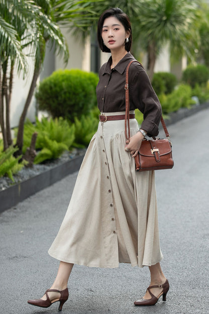 Beige Linen Midi Skirt – High Waist A-Line Button Front Skirt 6666