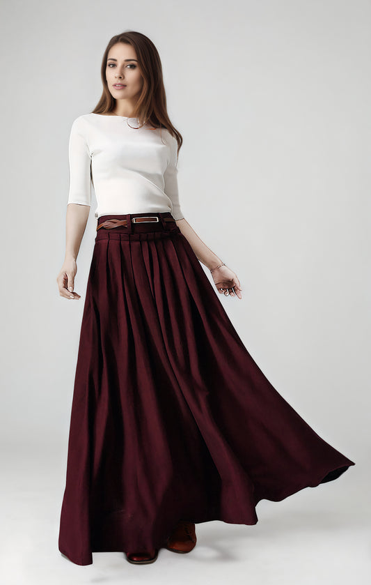 Handmade Burgundy Linen Maxi Skirt – High Waist with Pockets 6749