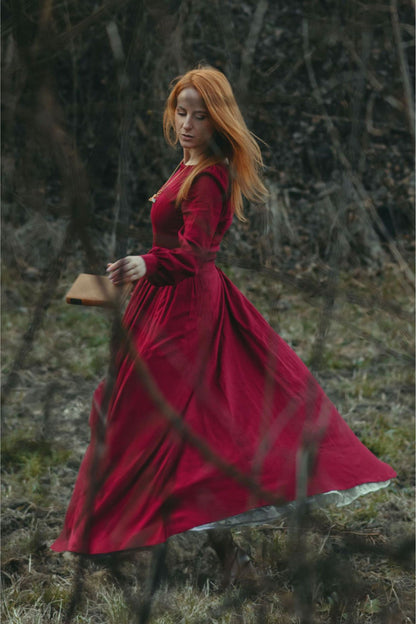 Burgundy Linen Cotton Maxi Dress - Pleated Waist & Lantern Sleeves 5105