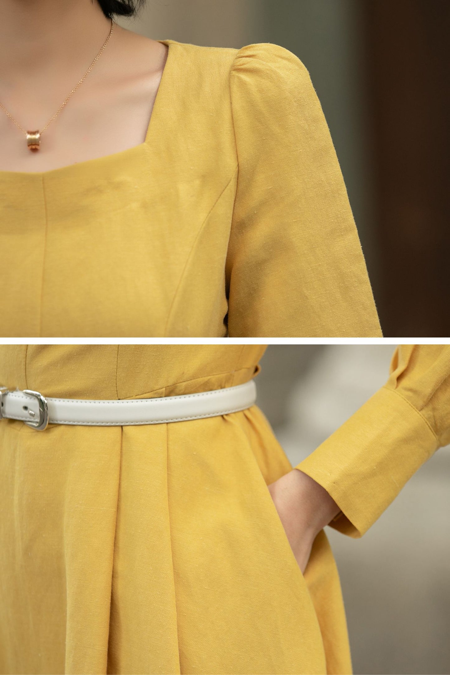 Spring A-Line Yellow Linen Dress women 5679