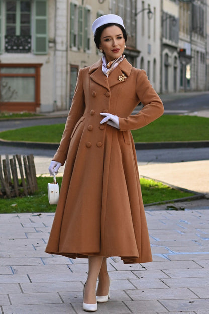 Camel Wool Maxi Coat – Vintage Double Breasted A-Line Winter Overcoat 6682