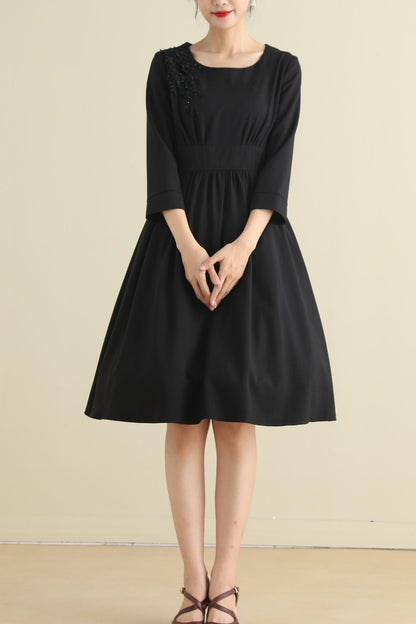 Vintage inspired little black linen dress women 2794