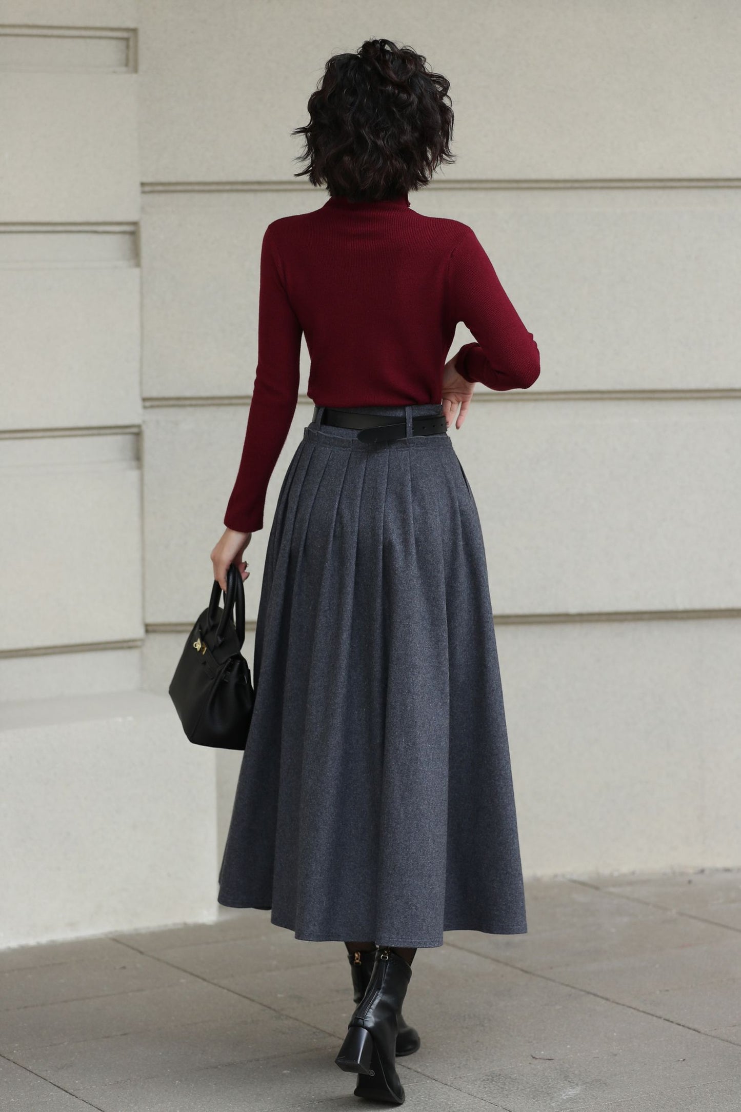 Handmade Vintage Wool Skirt – Gray Pleated A-Line Midi Skirt for Winter 6613