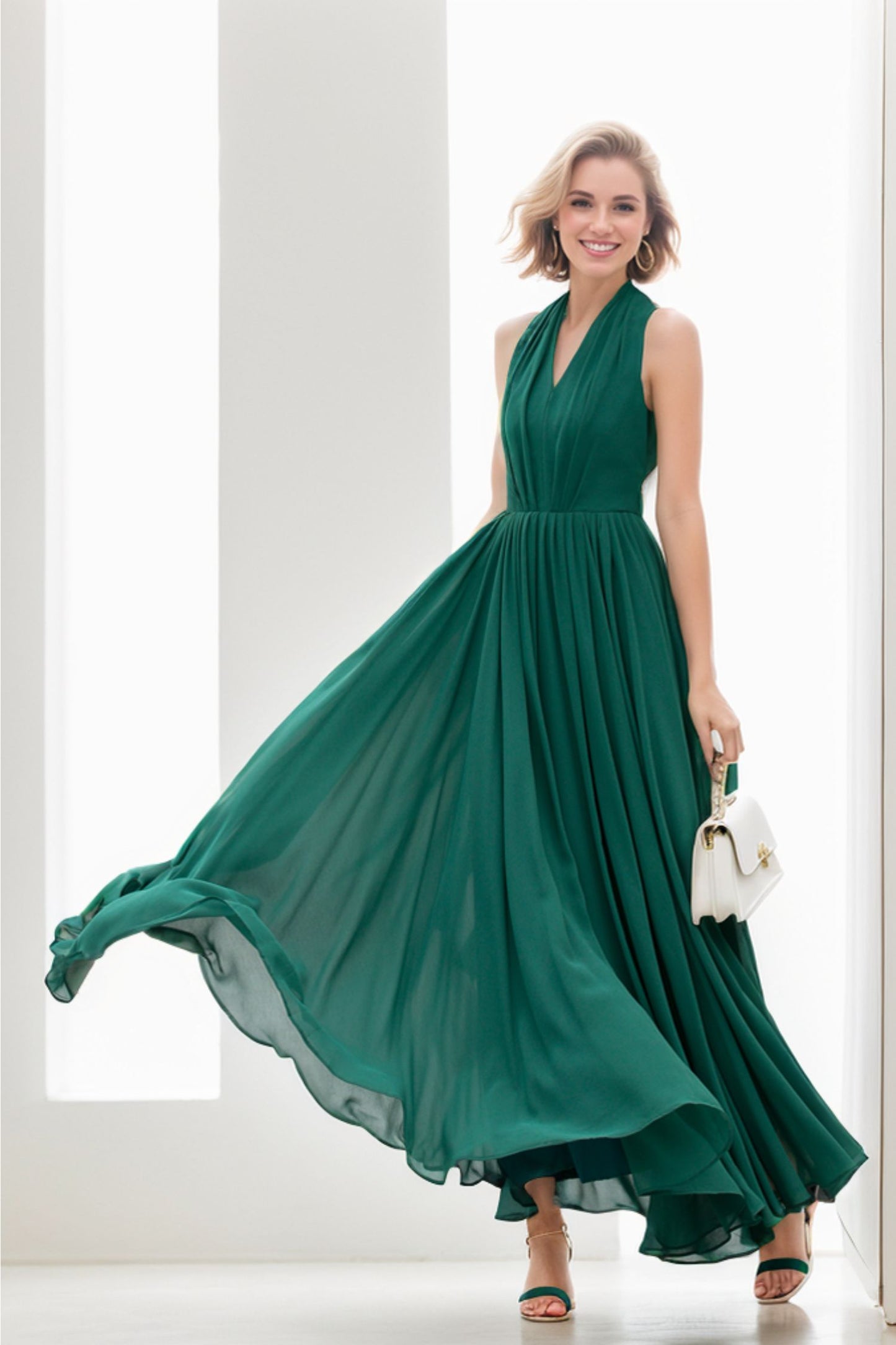 Green maxi halter chiffon party dress 5175