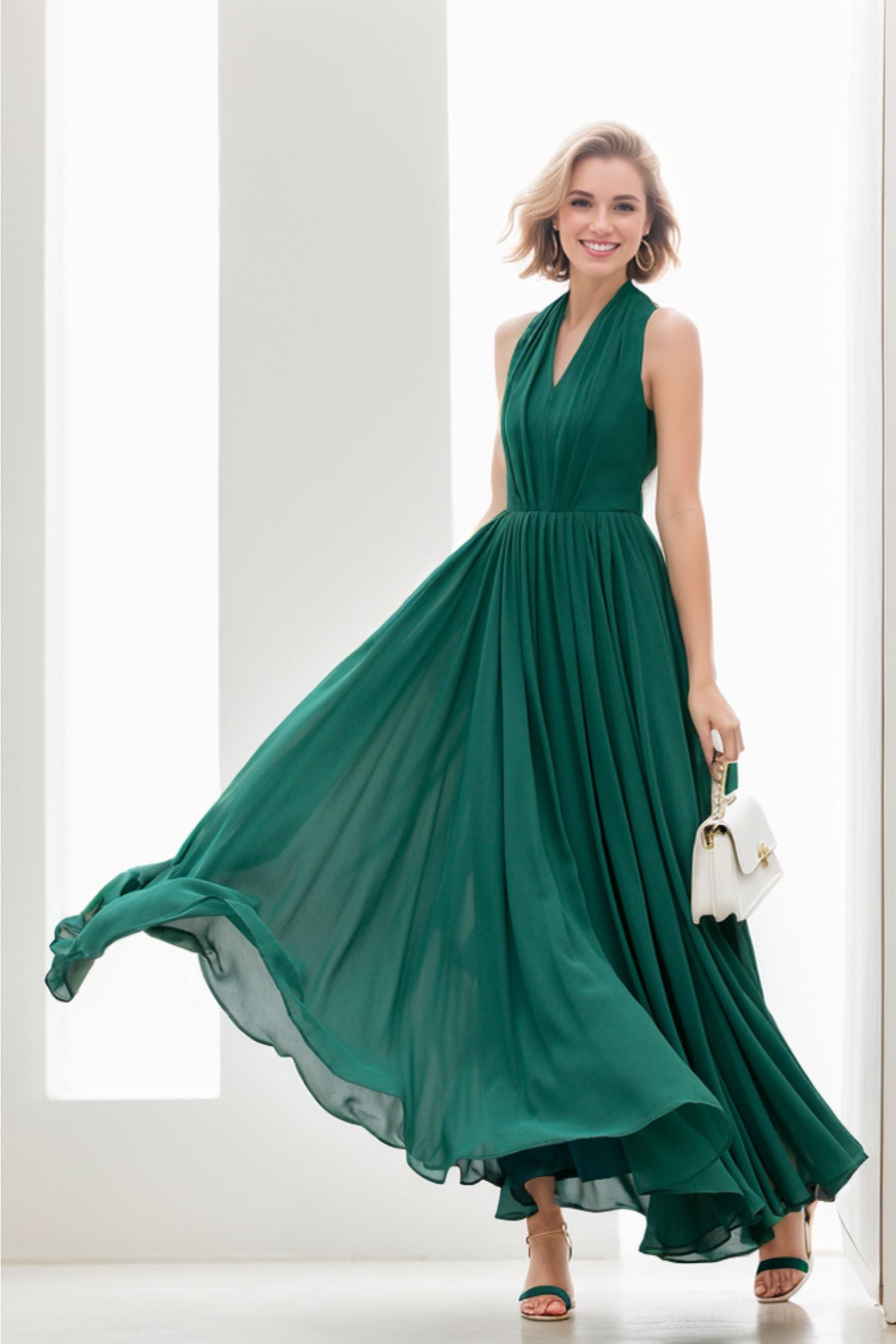 Green Chiffon Maxi Dress with Halter Neck and Fitted Waist – Xiaolizi