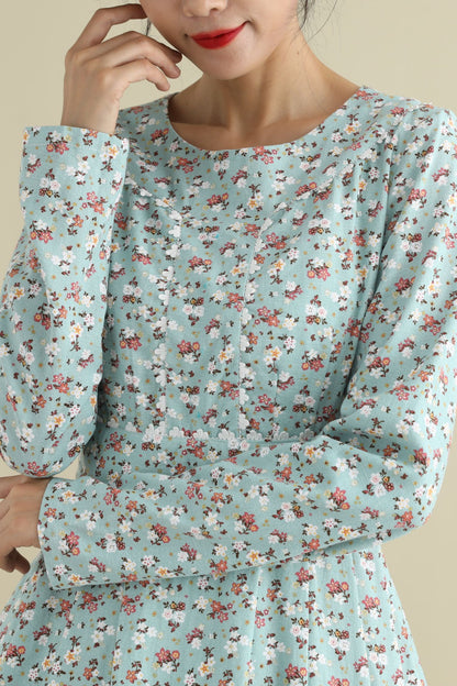 Floral Linen Knee-Length Dress - Long Sleeve, Round Neck 2795