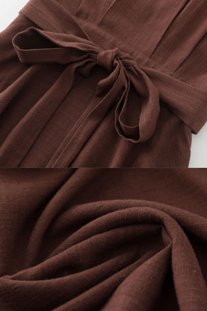 Brown Linen Cotton Midi Dress - Boat Neck, Belted Waist 5704