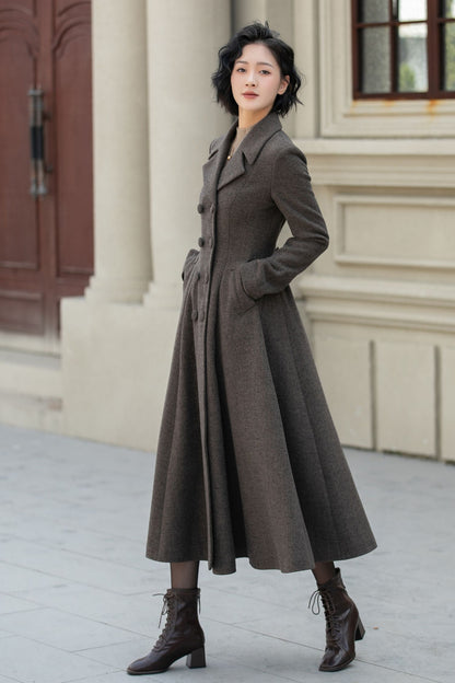 Chocolate Brown Wool Maxi Coat – Vintage Double Breasted Winter Overcoat 5460