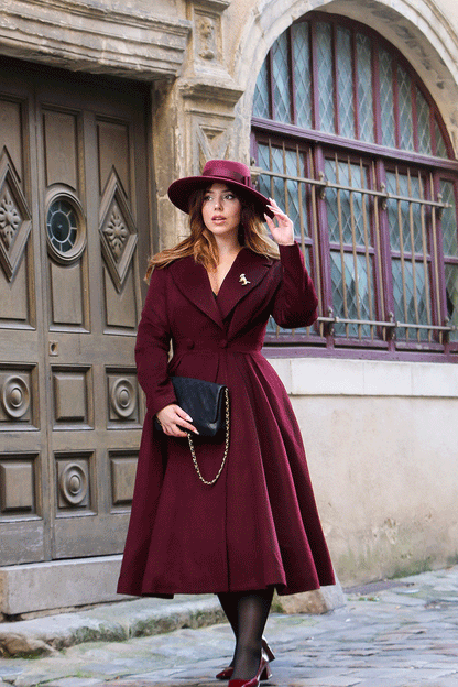 Vintage Princess Wool Coat – Elegant Burgundy Fit & Flare Maxi Coat | Xiaolizi 4721