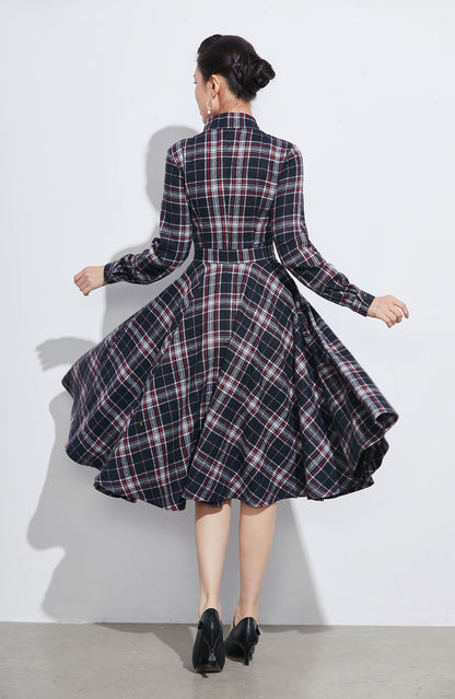 Vintage-Inspired Plaid Wool Dress With Flared Skirt 2324