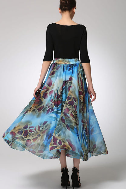 Abstract Print Chiffon Maxi Skirt for Women with Elastic Waist | Xiaolizi 1294