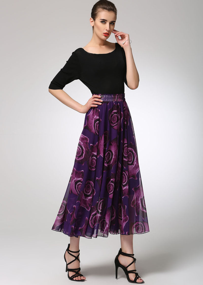 Vintage-Inspired Purple Print Chiffon Skirt with Elastic Waist 1297