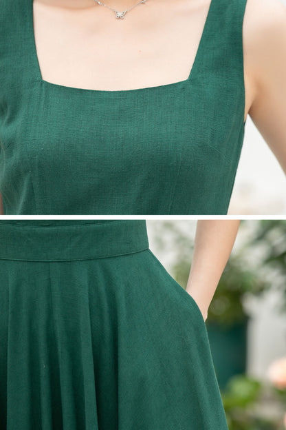 Green Linen Cotton Midi Dress - A-Line Square Neck Pockets | Xiaolizi 5860