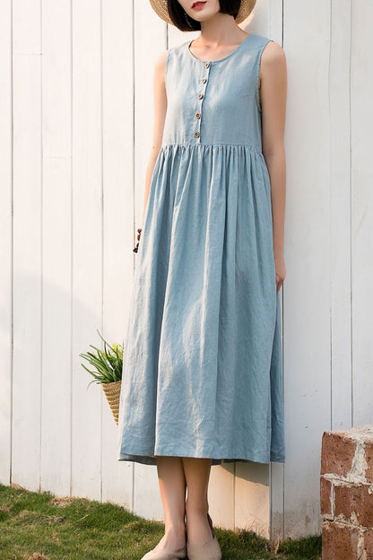 A line loose fitting light blue linen dress 2804 -Size XS #yy01678
