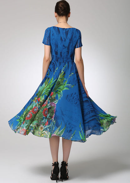 Blue Floral Chiffon Midi Dress for Women 1247