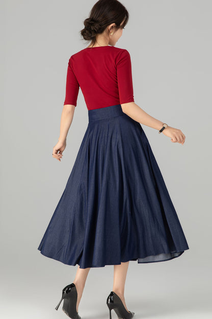 Navy Cotton Denim Midi Skirt - High Waist A-Line Button Front 5713