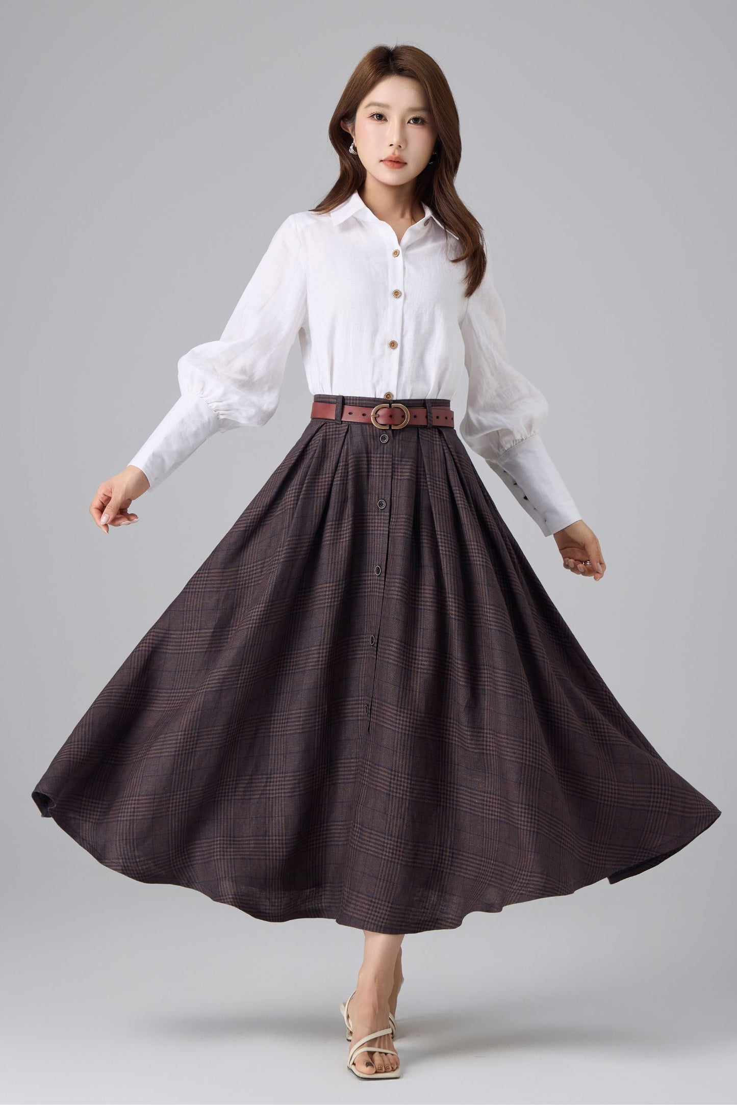 Brown Linen Cotton Skirt - Plaid High Waist | Xiaolizi 6756