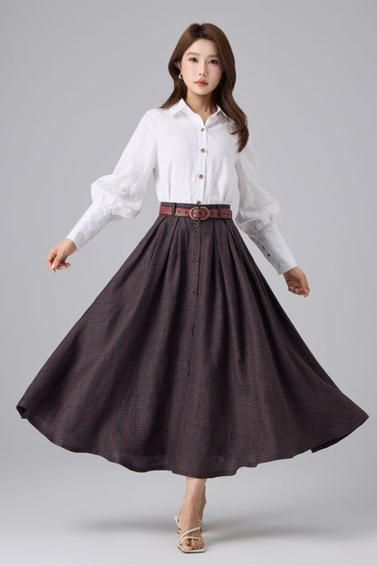 Brown Linen Cotton Skirt - Plaid High Waist | Xiaolizi 6756