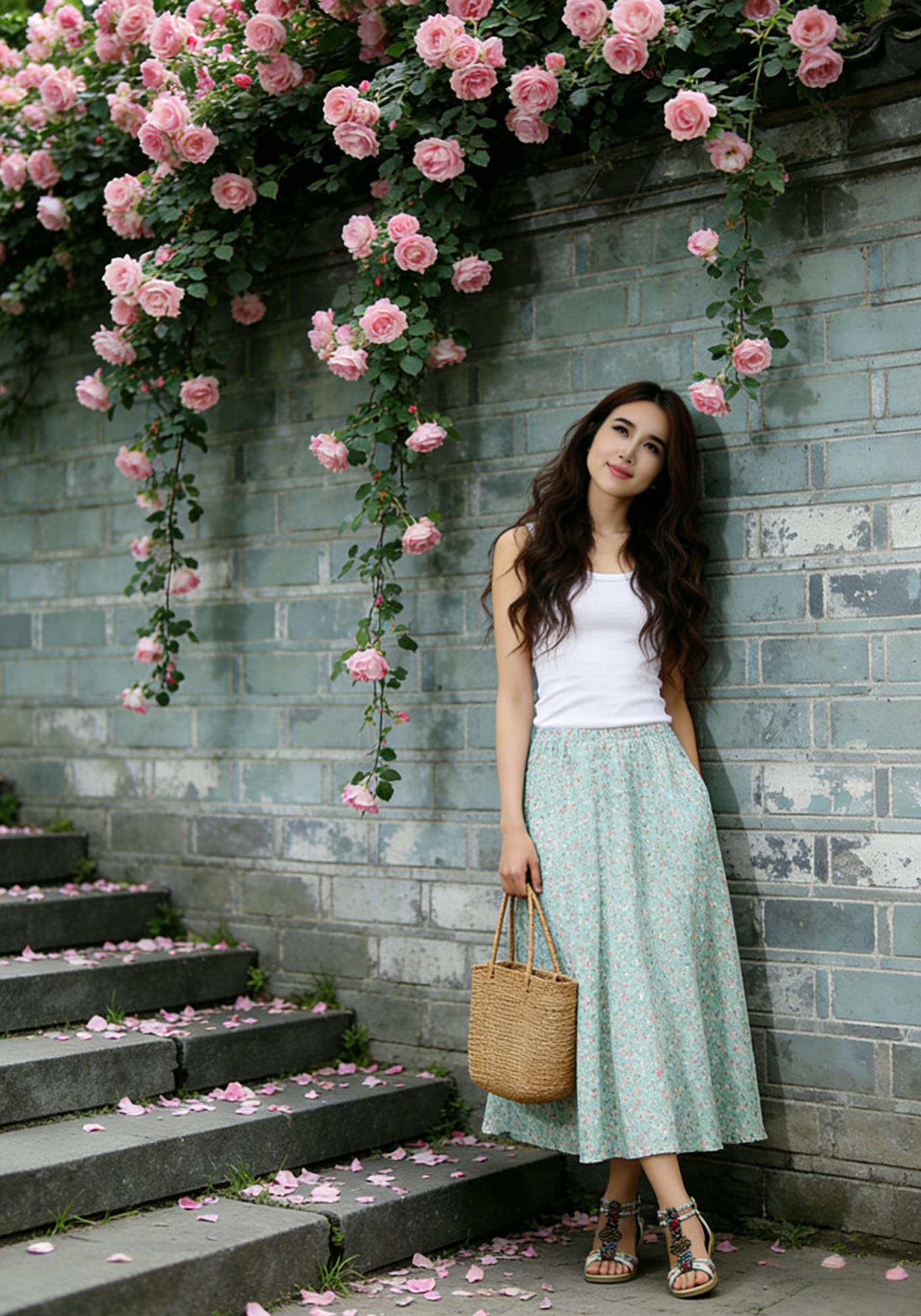 Woman standing against a stone wall with pink flowers, wearing a white top and green skirt.