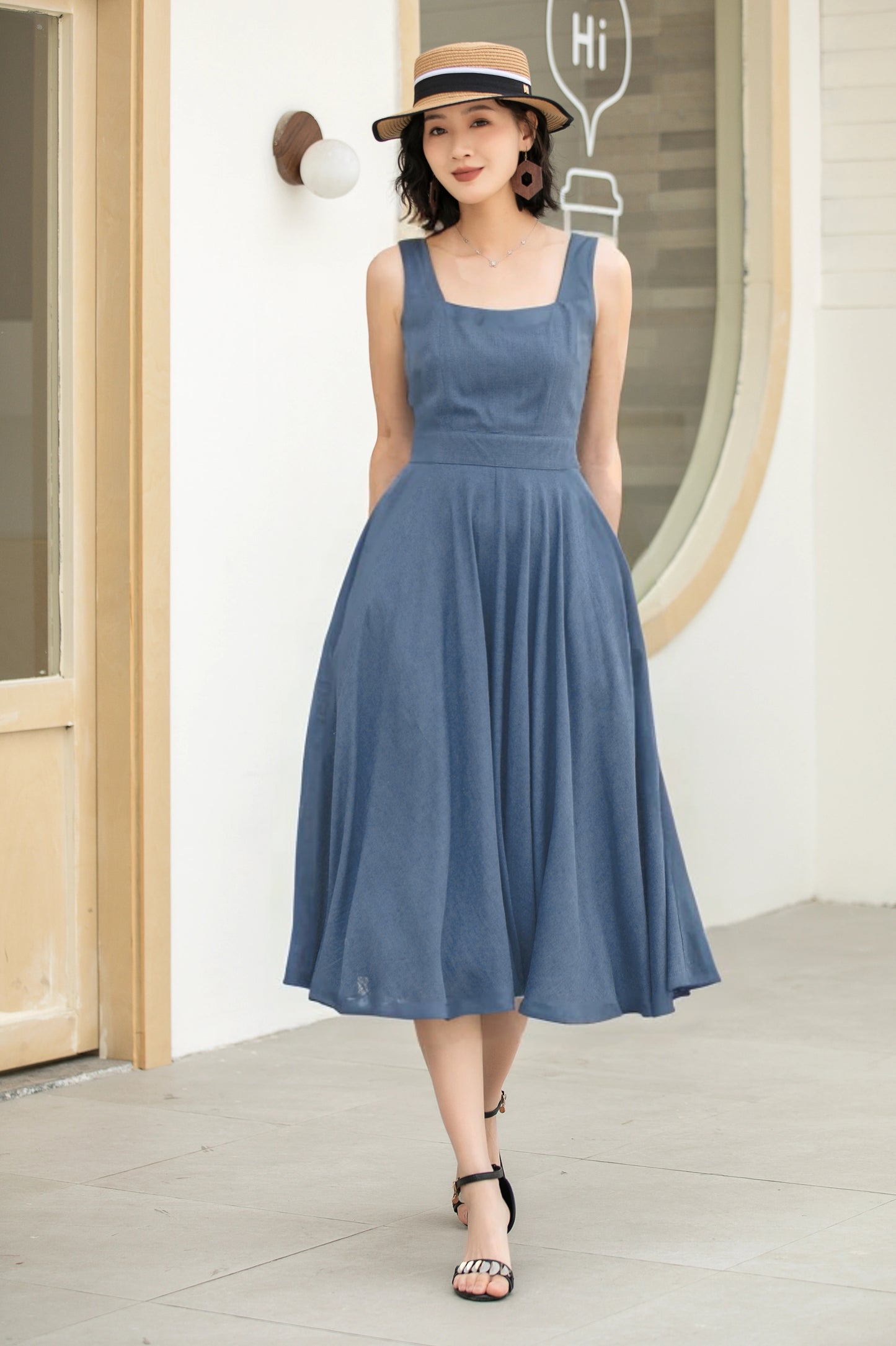 Stylish A-Line Linen Suspender Dress with Square Neckline | Xiaolizi 6071