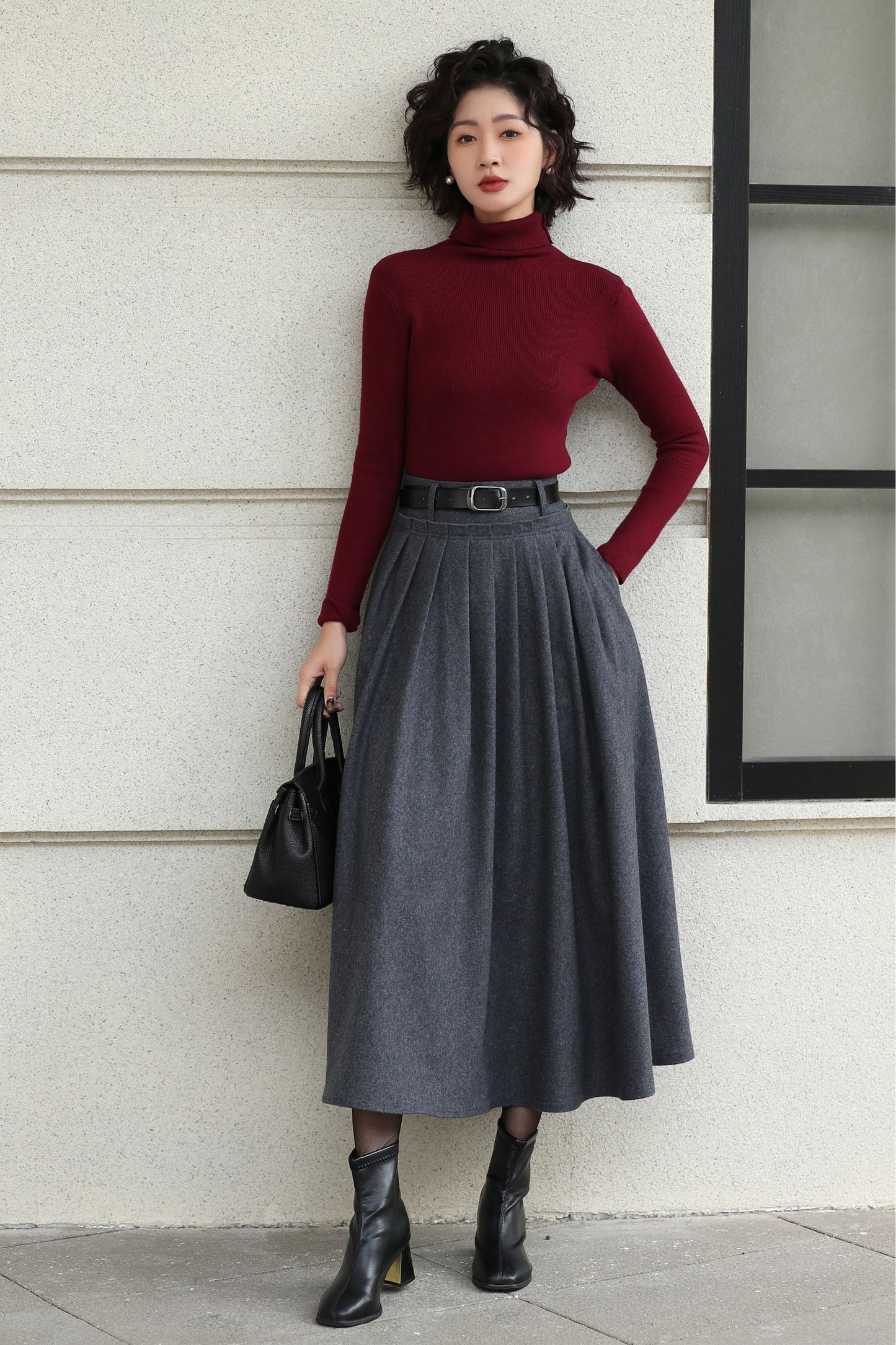Handmade Vintage Wool Skirt – Gray Pleated A-Line Midi Skirt for Winter 6613