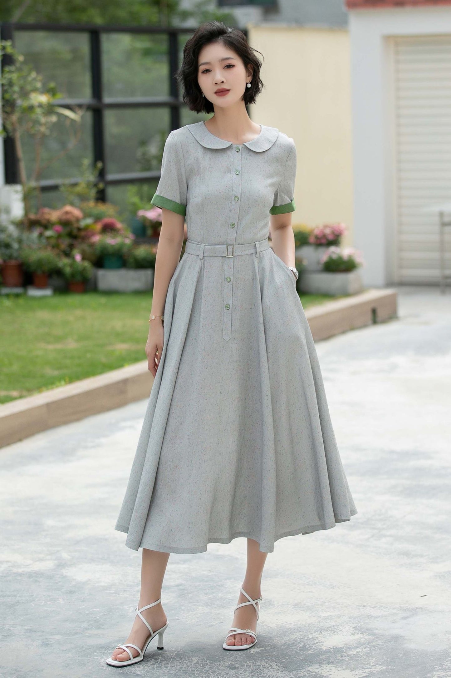 Grey midi Swing linen shirt Dress 5987 - S #CK2500324