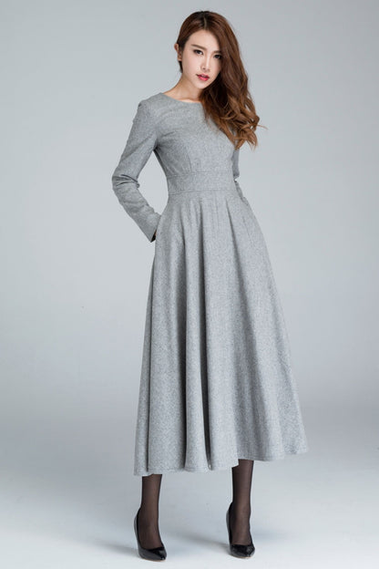 Handmade Gray Wool Swing Dress – Long Sleeve Fit and Flare Winter Dress | Xiaolizi 1616