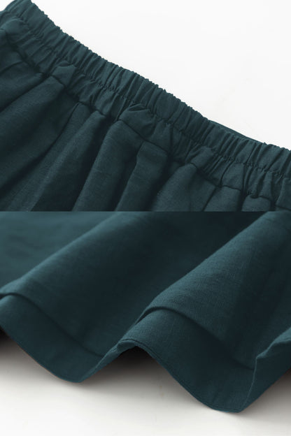 Dark Green Linen Midi Skirt - Pleated A-Line with Pockets 5724