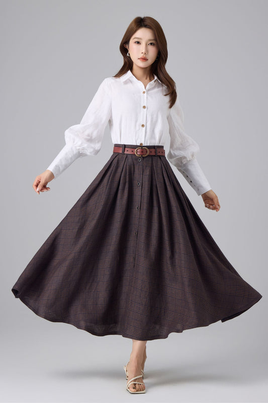 Brown Plaid Linen Maxi Skirt - High Waist A-Line | Xiaolizi 6756