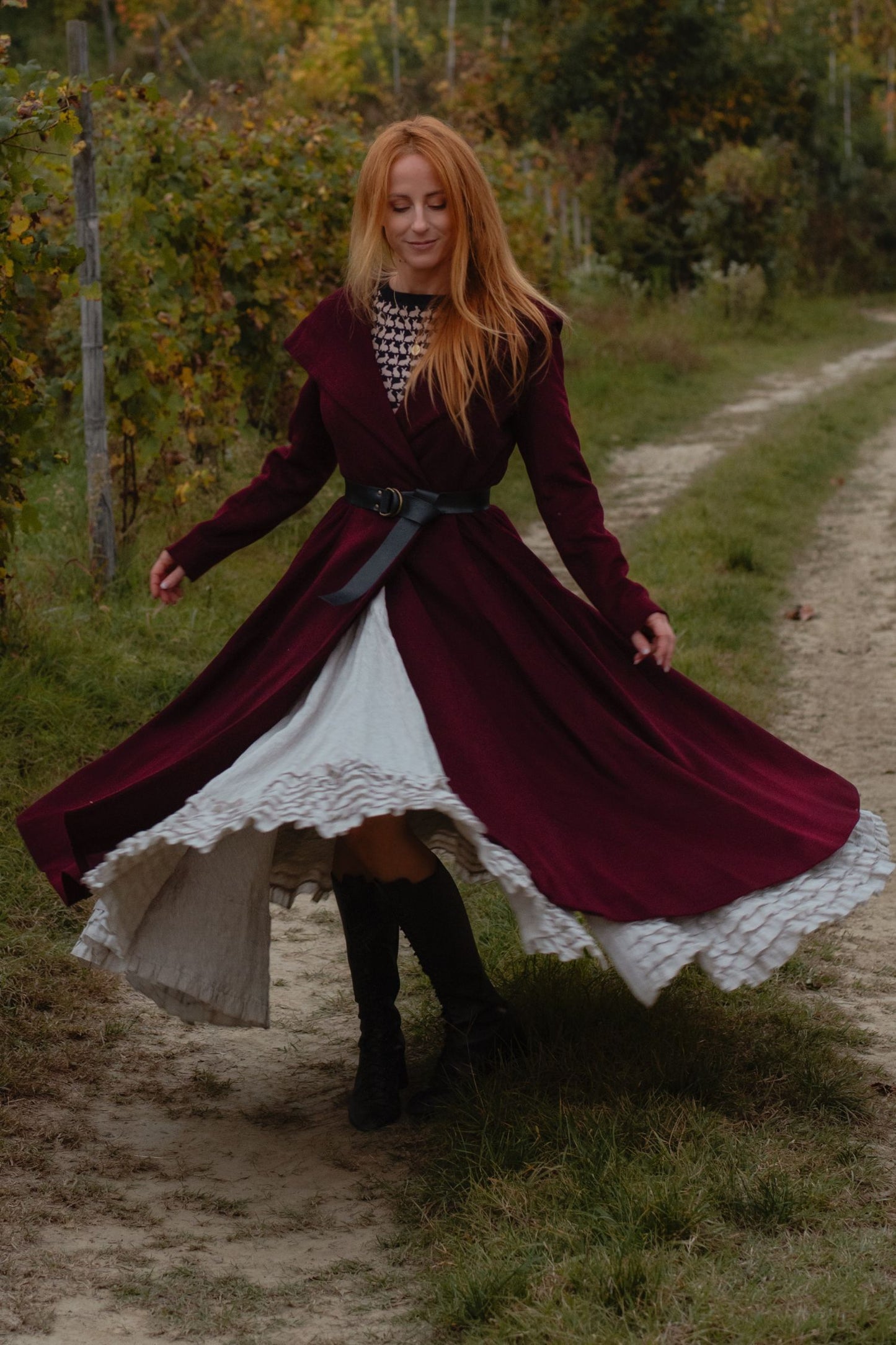 Burgundy Hooded Wool Coat – Handmade Long Belted Wool Winter Overcoat for Women 6546