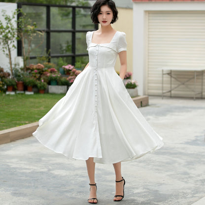 White Linen Midi swing Dress 5980