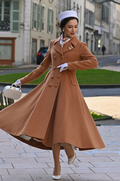 Camel Wool Maxi Coat – Vintage Double Breasted A-Line Winter Overcoat 6682