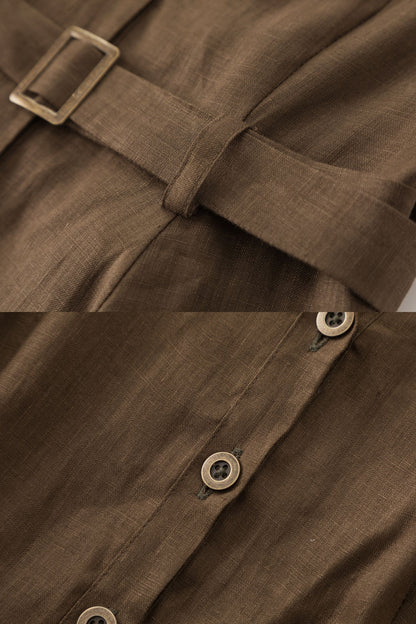 Coffee Linen Dress - Retro Midi Shirt Dress with Belted Waist 5711