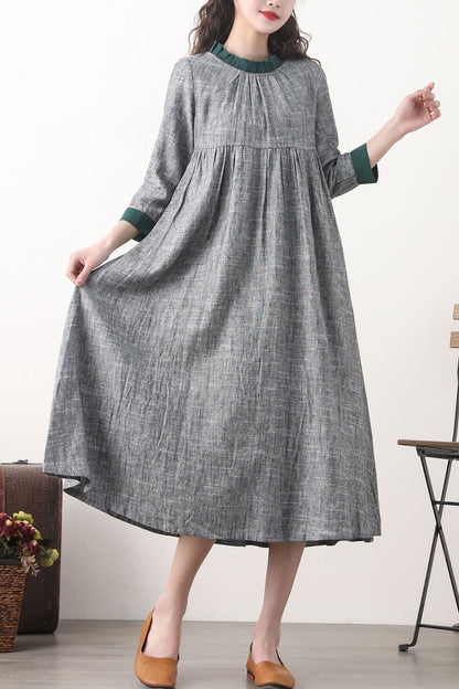 Loose fitting patchwork gray linen dress 2578
