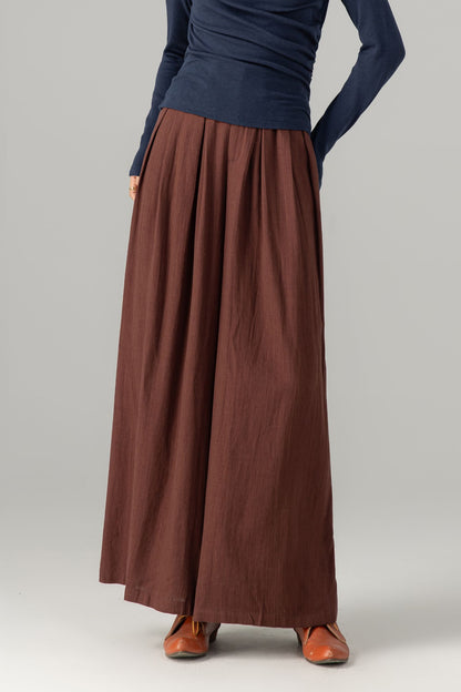 Brown Linen Cotton Wide Leg Pants - Fabric Belted Waist 5700