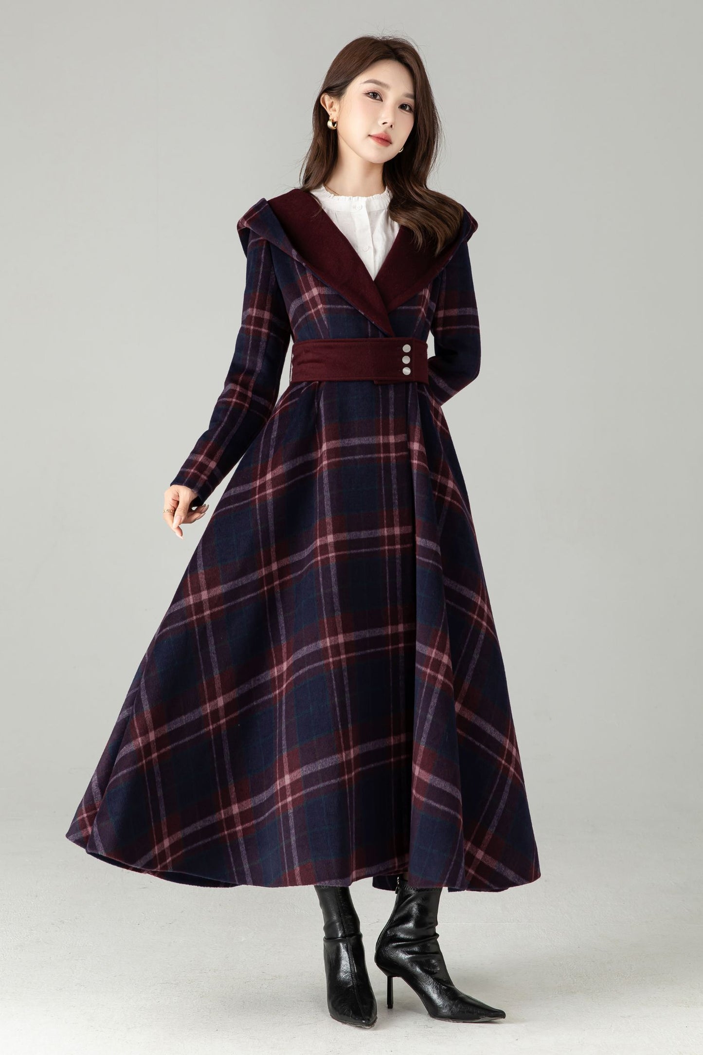 Plaid Hooded Wool Coat – A-Line Long Winter Coat with Contrast Lapel | Xiaolizi 6570