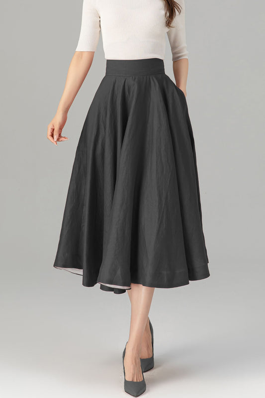 Grey Linen Midi Skirt - High Waist Flared Circle Swing | Xiaolizi 5728