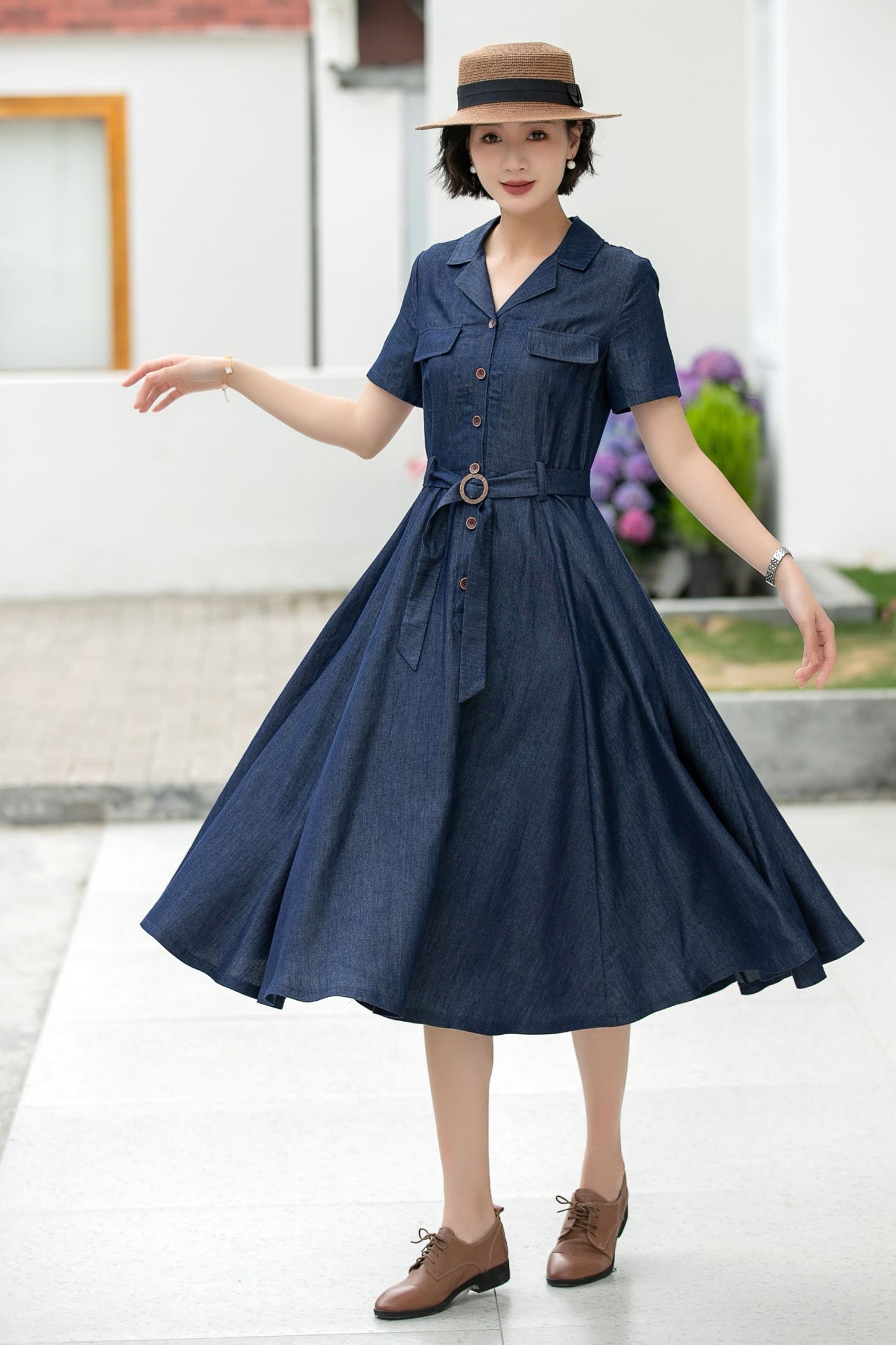 Women’s Tencel Blend Shirt Dress – Retro Button Up Midi Dress 5989