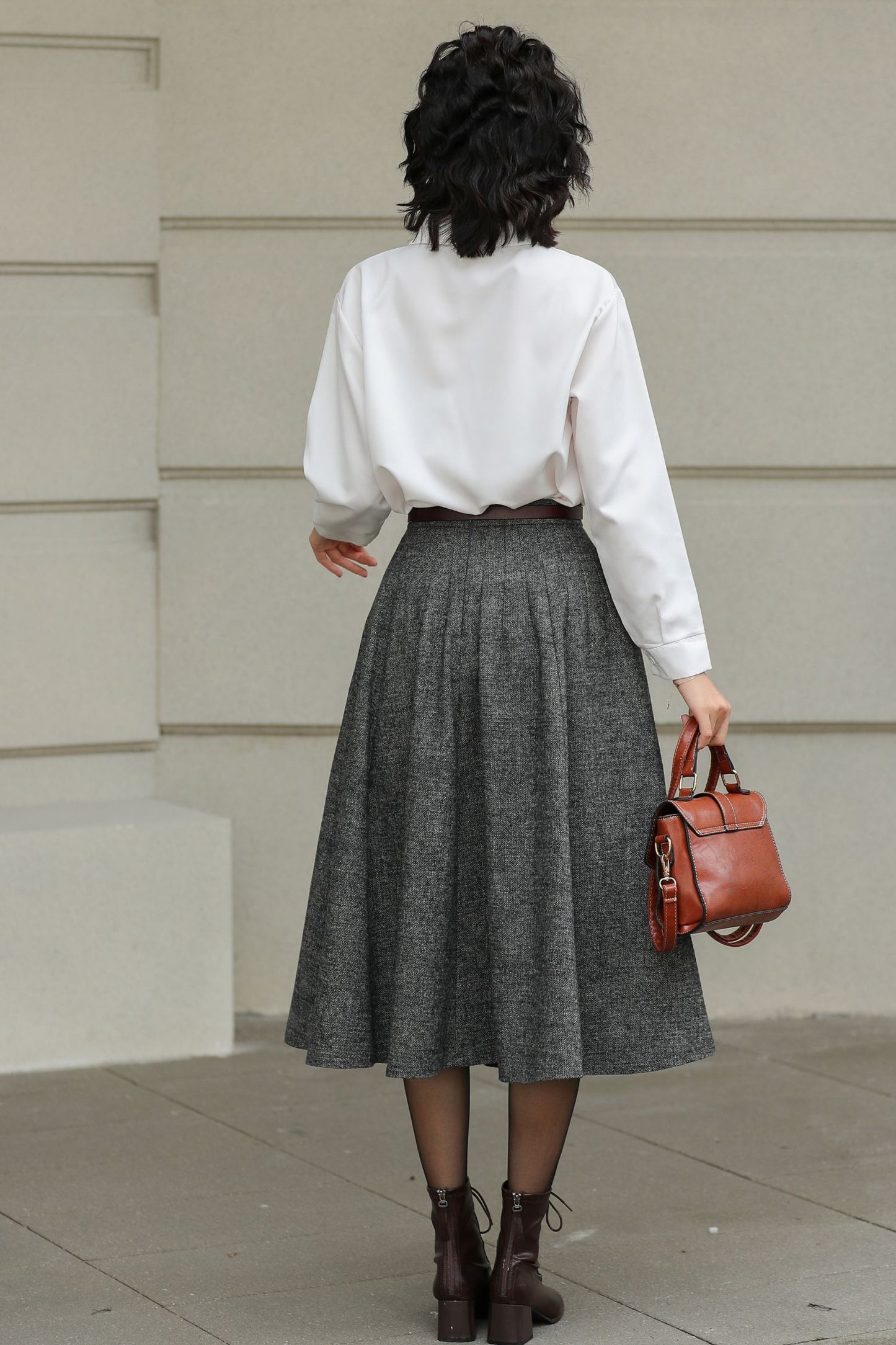 Grey Wool Pleated Midi Skirt - A-Line Silhouette with Pockets 6416