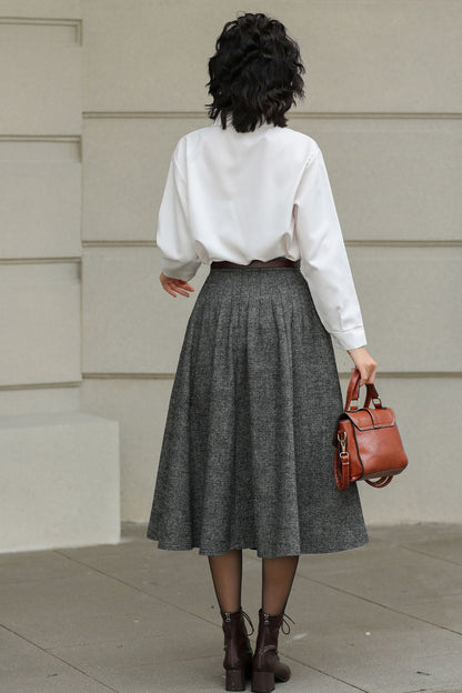 Grey Wool Pleated Midi Skirt - A-Line Silhouette with Pockets 6416