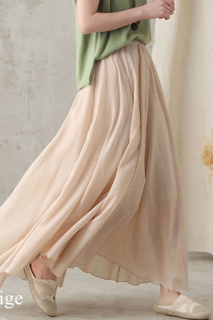 Handmade Linen Maxi Skirt Beige – High-Waist Flowy Circle Hem – 2820