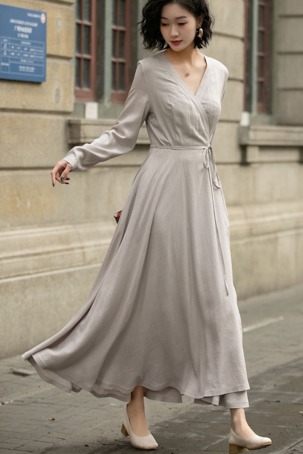 Long sleeves gray wrap linen dress 5672