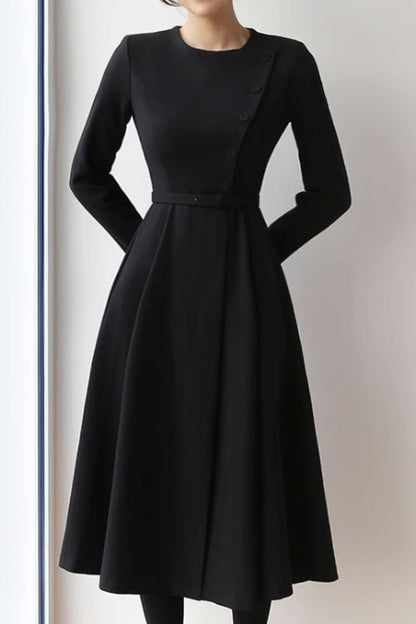 Beige Polyester Midi Dress - Irregular Button Detail with Long Sleeves 4631