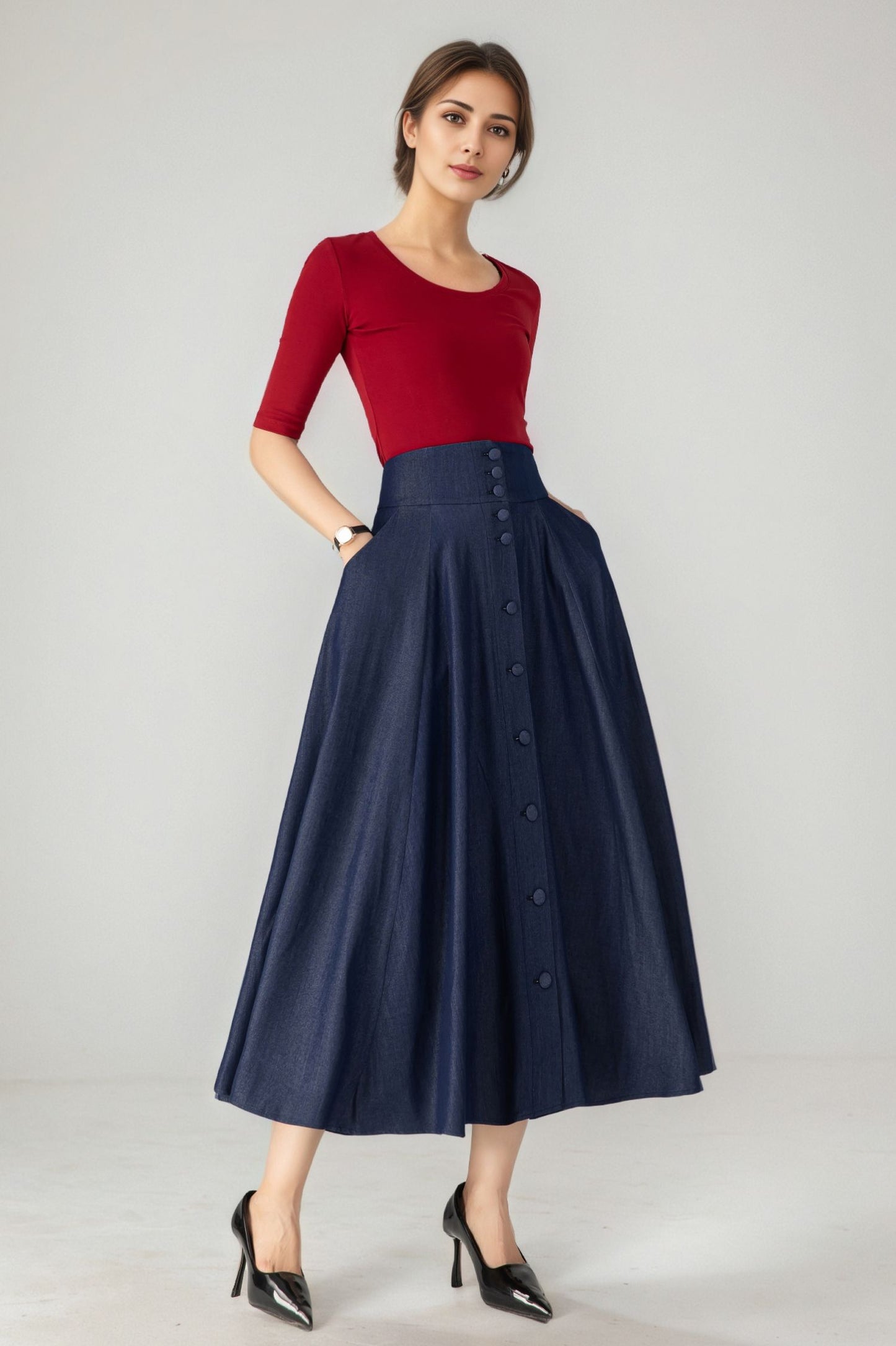 Women’s Navy Blue Button front Denim Midi Skirt 6143